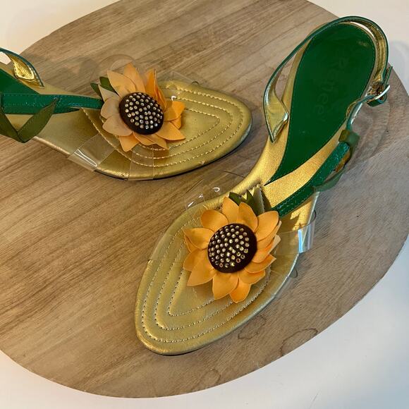 Green Yellow Sunflower Embellished Open Toe Kitten Heel Ankle Strap Size 9.5 - Picture 13 of 13